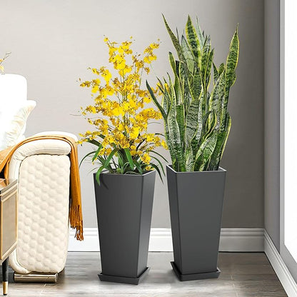 Set of 4 24" Tall Plastic Planters with Trays, Large Tapered Plant Pots for Indoor Outdoor Use, Modern Decorative Planters for Porch, Patio, Garden, and Backyard