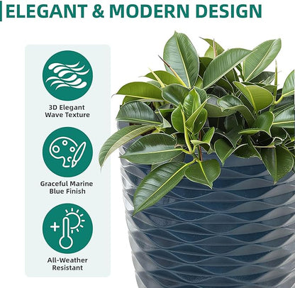 19" H Coastal Planter for Indoor/Outdoor Plants, Set of 2 Large Flower Pot with Drainage Hole, Weather/UV Resistant Resin Planters for Garden Patio Porch Home office Decor, Glossy Navy Blue Wavy