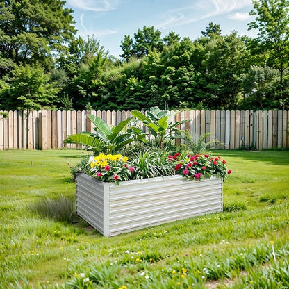 Raised Garden Bed 6x3x2ft, Galvanized Raised Garden Beds Outdoor for Vegetables Flowers Herbs, Steel Large Deep Planter Box, Tall Raised Garden Bed with 3ftx30ft Weed Barrier Fabric and Glove, Beige