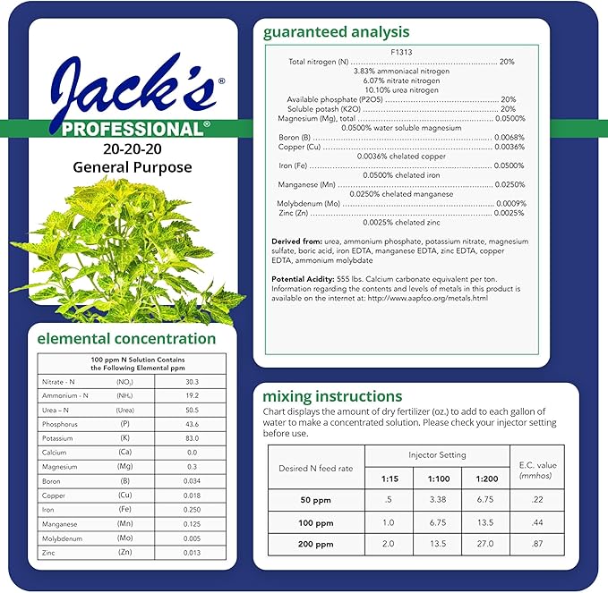 Jack's Professional 20-20-20 General Purpose Water-Soluble Fertilizer with Micronutrients for Heavy Feeding Plants in Continuous Liquid Feed Programs, 25lbs