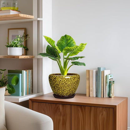 8 Inch Flower Pot - Ceramic Planters for Indoor Outdoor Plants, Round Plant Pot with Drainage Hole and Saucer, Decorative Indoor Planter, Bathroom Decor, House Warming Gifts, Yellow Leopard