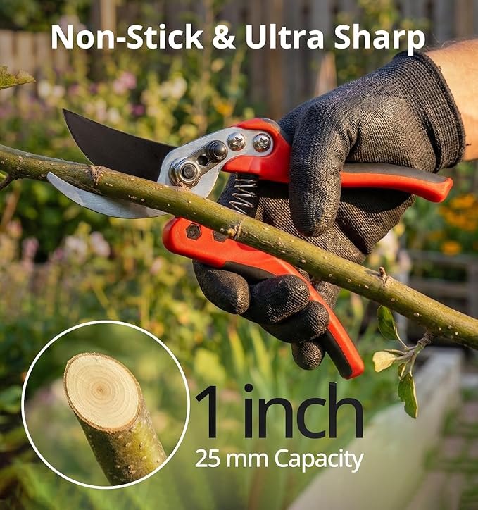 Gardeness Non-Stick Coated Bypass Pruning Shears - Professional Garden Clippers with Comfort Grip Handles, Heavy Duty Hand Secateurs for Trimming Branches, Floral & Yard Work, Arthritis Friendly