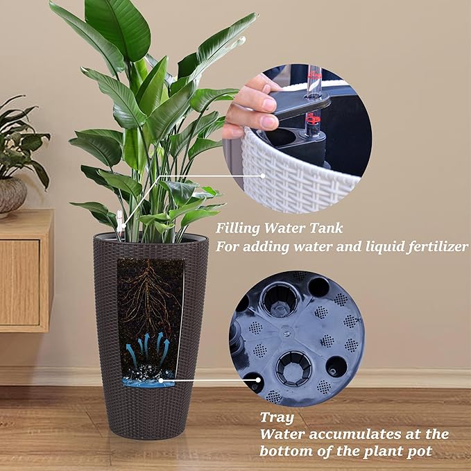 22" Tall Planter Set of 2, Large Self Watering Pots for Indoor/Outdoor Plants with Drain Holes, Water Level Monitor, Inner Bucket for Front Porch Patio, Brown Rattan Conical