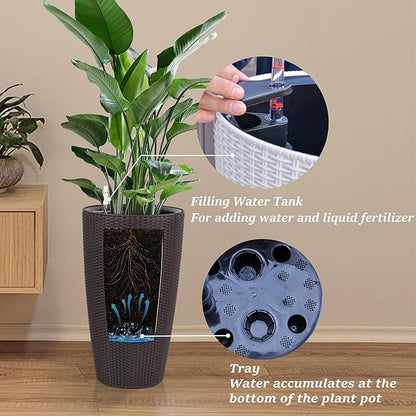 22" Tall Planter Set of 2, Large Self Watering Pots for Indoor/Outdoor Plants with Drain Holes, Water Level Monitor, Inner Bucket for Front Porch Patio, Brown Rattan Conical