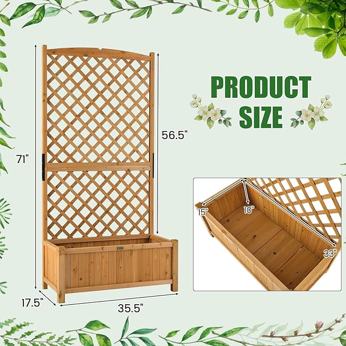 HAPPYGRILL 2 Pcs Raised Garden Bed, 71" Wooden Planter Box with Trellis, Drainage Holes, Freestanding Elevated Garden Bed for Vine Climbing Plants (Yellow)