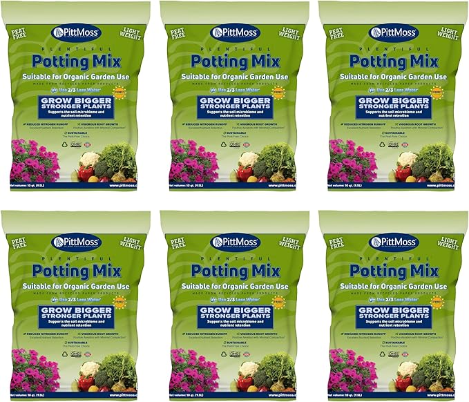 PittMoss Plentiful Eco-Friendly, Organic, Peat-Free Potting Mix, 10 Quarts (Pack of 6) for Gardens, Houseplants, Mulching & More - Made in USA from Recycled Paper