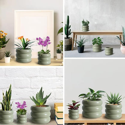 3 Piece Modern Ceramic Planter, 6.5/4.7/3.5 Inch Green Plant Pot Set of 3 Unique Planters for Outdoor Indoor Flower Pots Plants with Drainage Holes Home & Office Decor with Mesh Pad