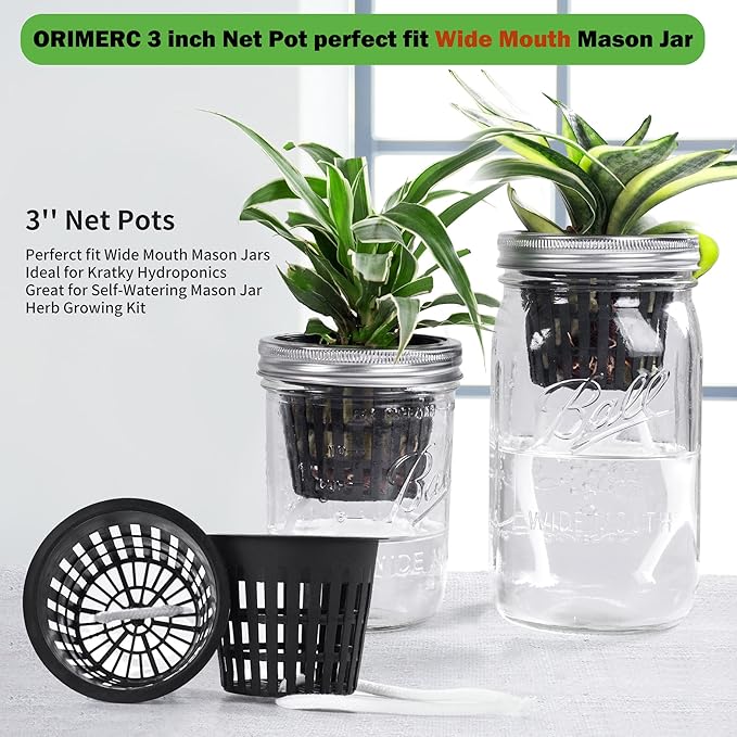 ORIMERC 50 Pack 3 inch semi Hydroponics Nursery Net Pots for Plants, Net Cups with Self Watering Rope & Plant Labels, Kratky Aquarium Plant Pot, Slotted Mesh Pots Hydroponic Baskets Growing