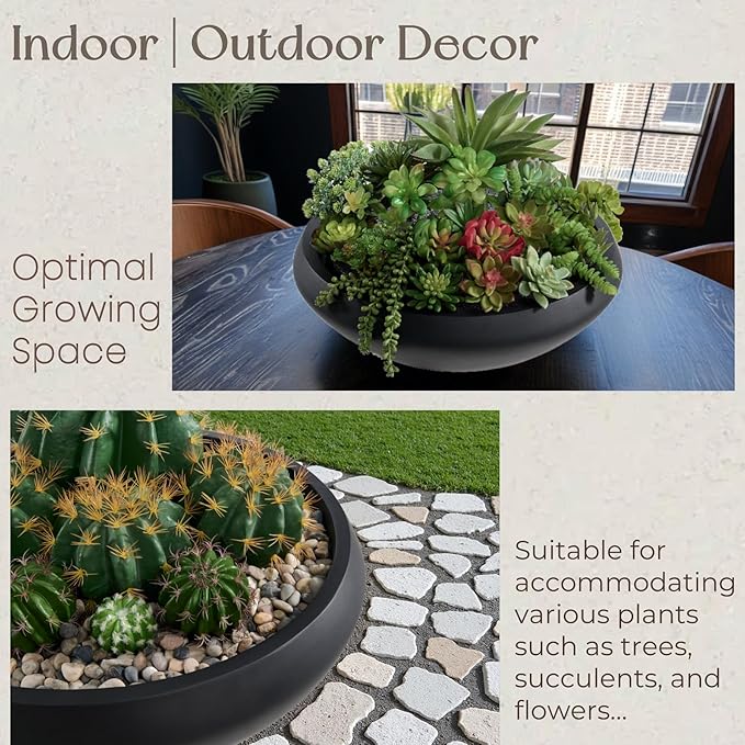 Concrete Bowl Planter, 19"Dia Large Succulent Pot with Drain Hole, Lotus Planter 16.7"Opening Flowerpot for Herbs, Bonsai, and Shallow-root Plants, Indoor & Outdoor Garden, Patio Decor, Medium-Black