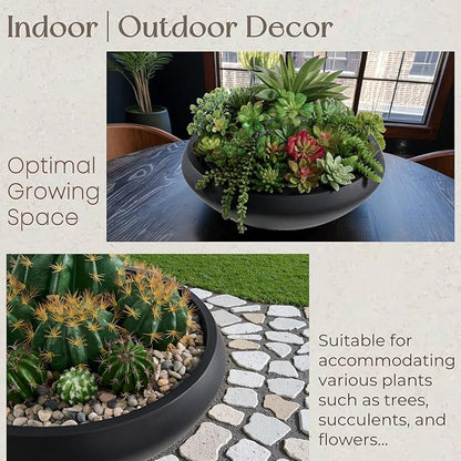Concrete Bowl Planter, 19"Dia Large Succulent Pot with Drain Hole, Lotus Planter 16.7"Opening Flowerpot for Herbs, Bonsai, and Shallow-root Plants, Indoor & Outdoor Garden, Patio Decor, Medium-Black