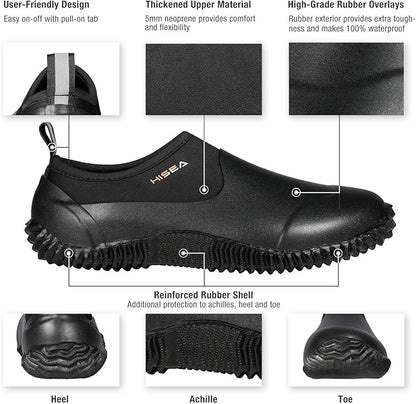 HISEA Unisex Waterproof Garden Shoes, Men's Rubber Rain Boots Women's Ankle Rain Shoes Neoprene Camp Booties Outdoor Slip-On Footwear for Gardening, Farming, Camping, Car Wash, Lawn Care and Yard Work