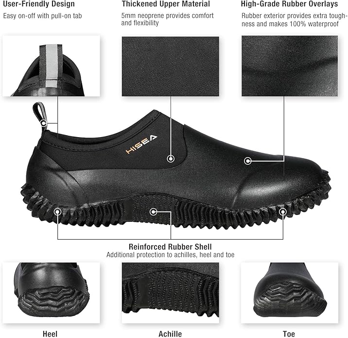 HISEA Unisex Waterproof Garden Shoes, Men's Rubber Rain Boots Women's Ankle Rain Shoes Neoprene Camp Booties Outdoor Slip-On Footwear for Gardening, Farming, Camping, Car Wash, Lawn Care and Yard Work