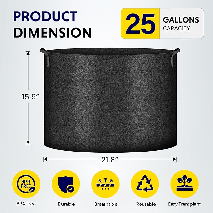 iPower 5-Pack 25 Gallon Plant Grow Bags Thickened Nonwoven Aeration Fabric Pots Heavy Duty Durable Container, Strap Handles for Garden, Black