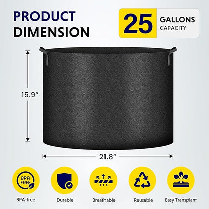 iPower 5-Pack 25 Gallon Plant Grow Bags Thickened Nonwoven Aeration Fabric Pots Heavy Duty Durable Container, Strap Handles for Garden, Black