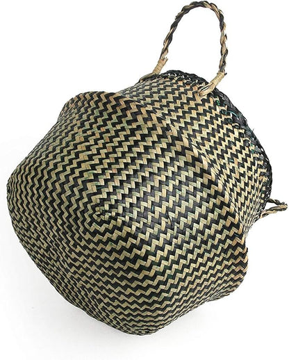 Woven Seagrass Belly Basket for Storage, Plants, Laundry, Picnic and Groceries (Medium, Black Strips)