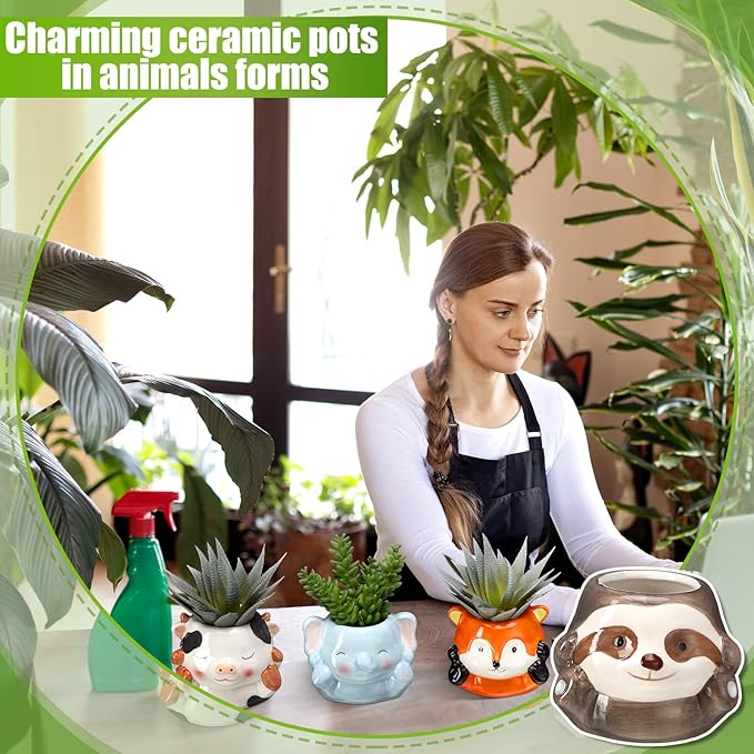 6 Pcs 3 Inch Cute Animal Succulent Pot Small Animal Ceramic Planter with Drainage Hole Office Desk Cartoon Ceramic Succulent Planters Garden Pots for Mini Plant Cactus Flower Women Gift Home Decor