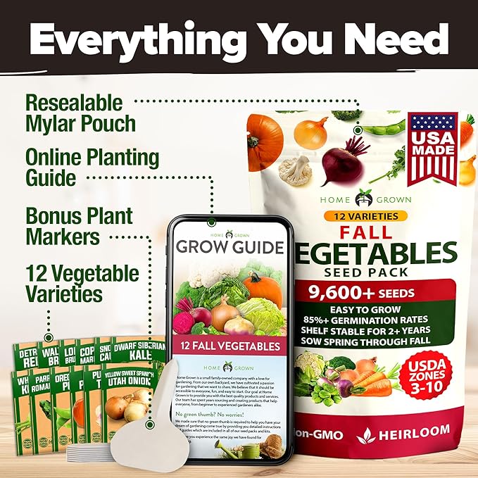 HOME GROWN 12 Fall Vegetable Seeds 9600+ Heirloom Seeds for Fall & Winter Planting – Beets, Broccoli, Cabbage, Kale, Onion, Pumpkin, Turnip, Lettuce, Peas & More for Home Garden