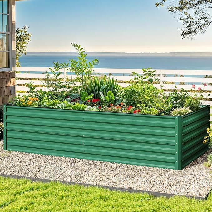 DWVO 8 x 4 x 2 FT Raised Garden Bed Kit, Outdoor Galvanized Flower Bed with Safety Rubber and Gloves, Large Metal Planter Box for Vegetables, Flowers, Herbs, Fruits, Green