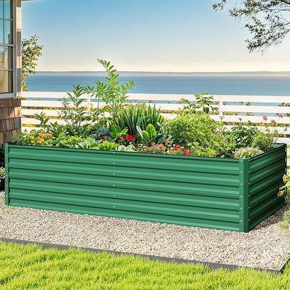 DWVO 8 x 4 x 2 FT Raised Garden Bed Kit, Outdoor Galvanized Flower Bed with Safety Rubber and Gloves, Large Metal Planter Box for Vegetables, Flowers, Herbs, Fruits, Green