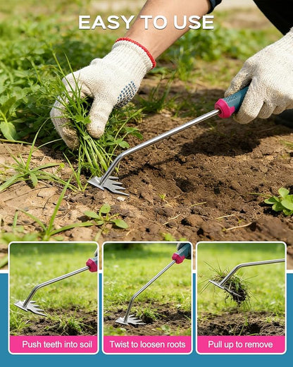 2026 Upgraded Weed Puller Tool, 4 Teeth Hand Weeder Tool with Ergonomic Handle, Heavy-Duty Stainless Steel Weed Remover for Garden, Lawn, Yard, Flower Bed & Vegetable Planting