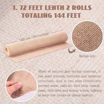 Preboun 2 Rolls Burlap Fabric Roll 40" Wide x 144 Feet Long Roll Gardening Burlap Liners for Garden Shrub Wrap, Weed Barrier, Aisle Runner Plant Cover, Table Runner Wedding Decorations