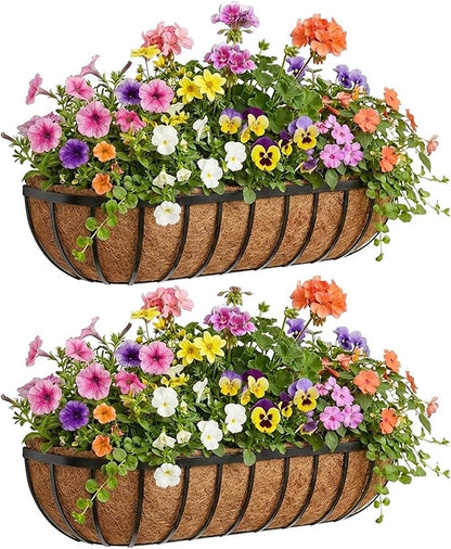 30 Inch Railing Planter Boxes 2 Pack Metal Window Box Planters with Coco Coir Liners, Horse Trough Planter with Adjustable Brackets for Deck Balcony Fence Porch Patio Outdoor Garden