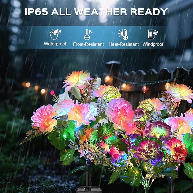 4 Pack Solar Garden Lights Outdoor, LED Colorful Waterproof Solar Powered Chrysanthemum Flowers Landscape Lights for Patio, Outside Yard, Pathway Decorative, Décor, Gifts, Two Lighting Modes