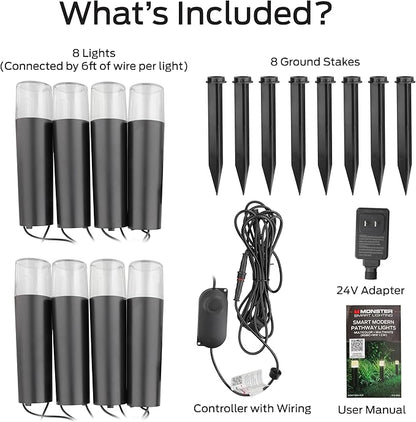 Monster Smart RGB+IC+WW Pathway LED Lights, 8 Individually Controlled Dimmable LEDs, Sound Reactive, IP44 Water & Weather Resistant, Compatible with Alexa, Siri, Google Home, Monster App, Razer Chroma