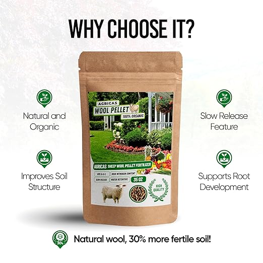 Wool Pellet Organic Fertilizer (2.2 lbs), Made of Sheep Wool, Water Holding, Enhances Soil Health, Ideal for Fruits, Vegetables, Flowers, Indoor and Outdoor Plants - 1 Pack