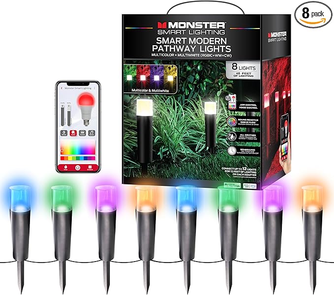 Monster Smart RGB+IC+WW Pathway LED Lights, 8 Individually Controlled Dimmable LEDs, Sound Reactive, IP44 Water & Weather Resistant, Compatible with Alexa, Siri, Google Home, Monster App, Razer Chroma
