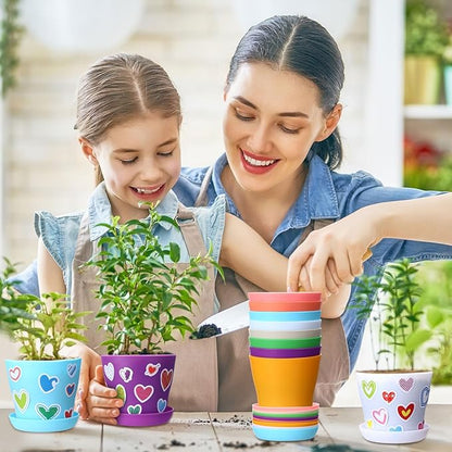Domensi 30 Pack Spring Crafts for Kids Bulk DIY Flower Pots 4 Inch Plastic Garden Plant Pots Planters with Tray Drainage Holes with 458 Stickers 30 Certificates Cards to Decorate(Multicolored)