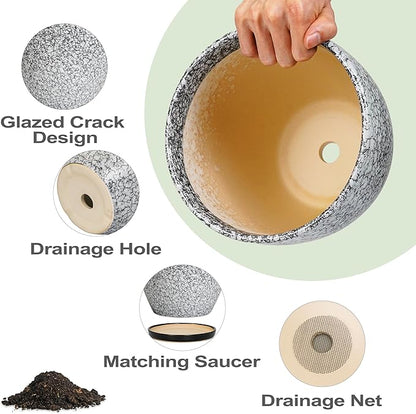 Ceramic Pots for Plants - 10+8+6 Inch Round Flower Pots with Drainage Holes and Saucers, Decorative Planters for Indoor Outdoor, Porch Decor, Housewarming Gifts, Set of 3, White-Black