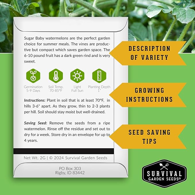 Sugar Baby Watermelon Seeds - Grow Little Round Icebox Watermelons at Home - Non-GMO Heirloom Variety for Planting - Survival Garden Seeds (3 Pack)