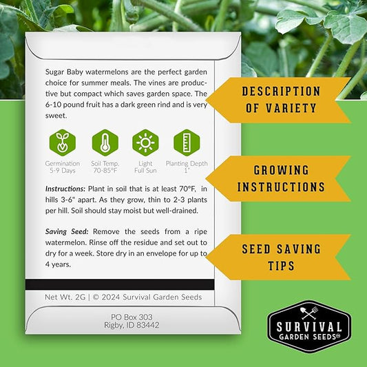 Sugar Baby Watermelon Seeds - Grow Little Round Icebox Watermelons at Home - Non-GMO Heirloom Variety for Planting - Survival Garden Seeds (3 Pack)