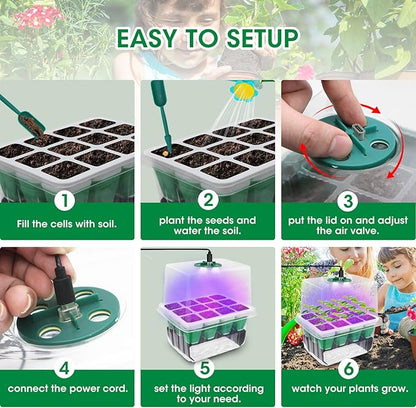 Seed Starter Tray with Grow Light,5 Pack 60 Cells Seedling Tray Kit Reusable & Dishwasher Safe for Starting Vegetable, Flower & Herb Seeds Indoor Grow Kit for Deep-Rooted Seedlings