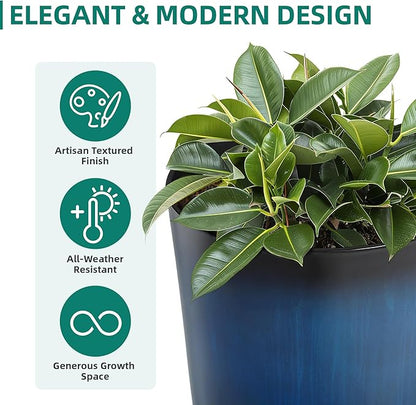 23.8" Tall Planters Large Set of 2 Plant Pots Plastic Flower Pots Outdoor Artistic Floating Cobalt Blue Glaze, UV-Protect & Lightweight PP Container for Garden, Patio, Deck, Porch, Indoor