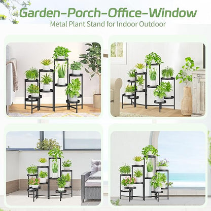 iDavosic.ly Plant Stand Indoor Outdoor, 10 Tier Corner Metal Flower Display Holder Shelf, Easy Assembly Folding Tall Orchid Rack for Patio Balcony Porch Garden Living Room House, Black