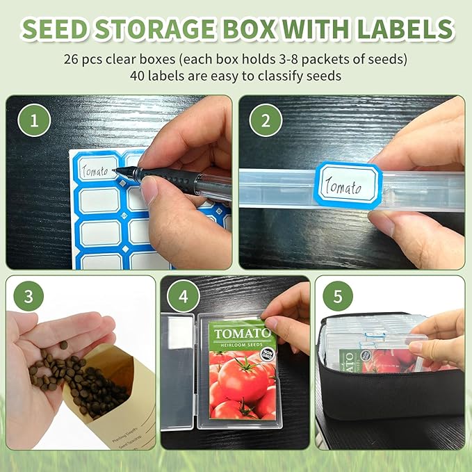 Boczif 26 Slots Seed Storage Organizer Box with Insulated Bag Seed Envelopes Bag and Label Stickers, Garden Seed Container for Seed Packets, Plant, Flower, Vegetable Seeds