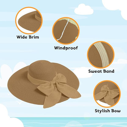 Women's Wide Brim UPF 50+ Straw Sun Hat with Bow - Foldable Packable Summer Beach Hat with Chin Strap