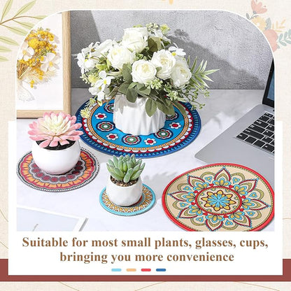 Nuanchu 8 Pieces Boho Plant Pot Mat 4 Size 3.94" 5.9" 7.87" 9.84" Rubber Absorbent Non Slip Pot House Indoor Plant Coasters Round Pad Gardening Outdoor Flower Protect Mat for Table Desk Floor