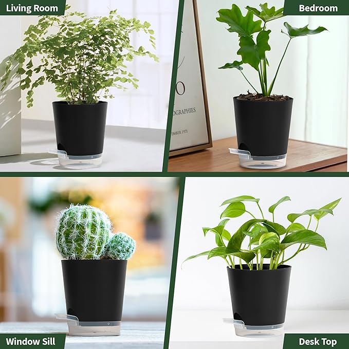 4 Inch 10 Pack Small Self Watering Pots for Indoor Plants, Nursery Pot with Drainage Holes and Saucers, Plastic Small Flower Planter for Succulent, Aloe, Cacti and More (Black)