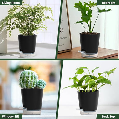 4 Inch 10 Pack Small Self Watering Pots for Indoor Plants, Nursery Pot with Drainage Holes and Saucers, Plastic Small Flower Planter for Succulent, Aloe, Cacti and More (Black)