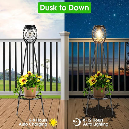MXwcy Solar Floor Lamp with Plant Stands，Solar Lights Outdoor with Vintage LED Edison Bulbs, Weatherproof Garden Lights for Pathway, Patio, Yard, 8-10 Hours Lighting, IP55 Waterproof