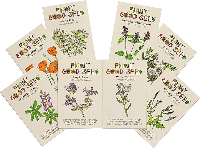 Plant Good Seed California Natives Seeds for Planting - 8 Packet Collection - Sage, Yarrow, Nettle, Poppy, Lupine, Mugwort, Hyssop - Wildflower Variety Pack
