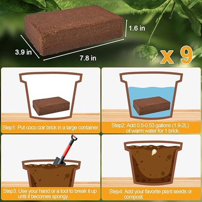 Organic Coco Coir 9 Pcs Compressed Coconut Coir Bricks Coconut Fiber Husk Substrate Mulch Coconut Bark Core Growing Medium Peat Moss Soil High Nutrition for Plants Gardening Seed Starting Soil Mix