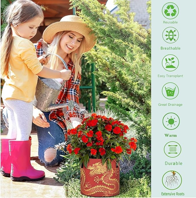 5 Gallon Chinese Dragon in Red Grow Bag Heavy Duty Thickened Plant Pot Containers with Handles for Potato Tomato Flowers Fruits Vegetables