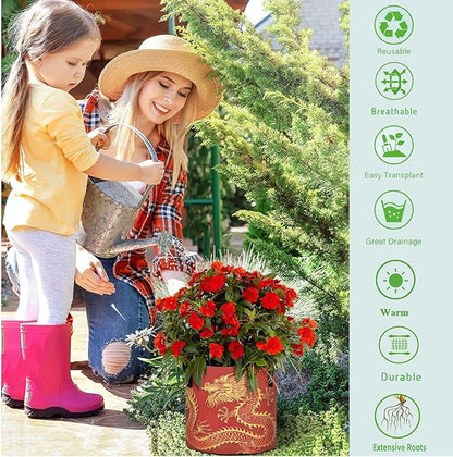 10 Gallon Chinese Dragon in Red Grow Bag Heavy Duty Thickened Plant Pot Containers with Handles for Potato Tomato Flowers Fruits Vegetables