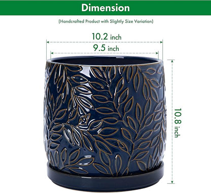 D'vine Dev 10 Inch Embossed Leaves Stoneware Planter Pot with Drainage Hole and Saucer, Midnight Blue, 27-A-P-3