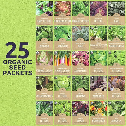Organic Lettuce & Greens Seed Variety Pack - 25 Individual Packs - 2026 Season - Lacinato Kale, Roquette Arugula, Red Oakleaf Lettuce and More! for Indoor & Outdoor Planting