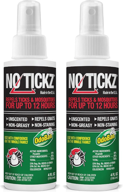 No Tickz Tick Repellent with 20% Picaridin, 12-Hour Protection from Ticks & Mosquitoes, Non-Greasy Formula, Made in The USA, Unscented, 4 Ounce Spray Bottle, 2-Pack